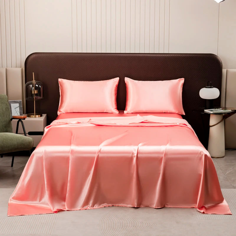 Opulent Solid Color Satin Bedding Set,Includes Flat Sheet, Fitted Sheet, Pillowcases,Luxury Linens for a Royal Sleep Experience