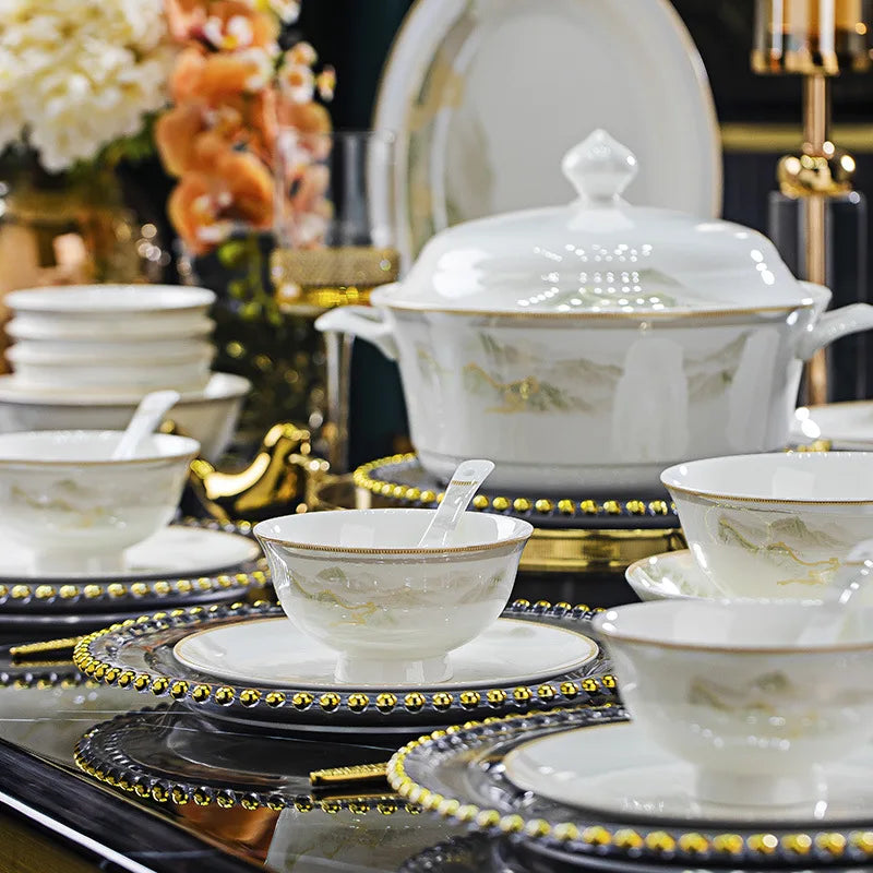 18PCS  Fine Bone China Jingdezhen Dinnerware Sets Ceramic Tableware Full Set Porcelain Bento Party Dinner Plate Gold Line Design