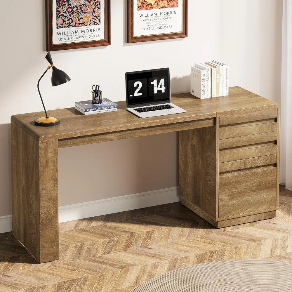 Computer desk with 3 drawers, farmhouse home office desk with storage cabinet, study desk, office workstation, walnut wood