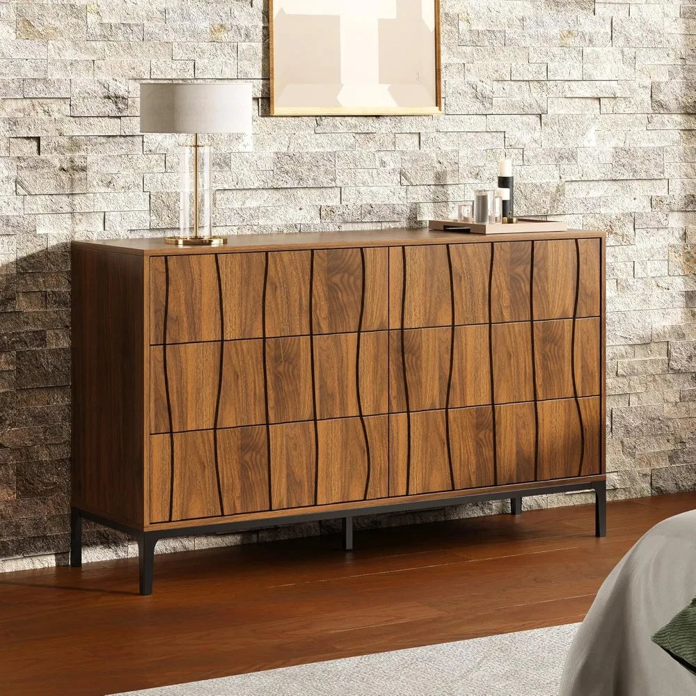 Mid-Century Modern 6 Drawer Dresser, 54” Walnut Finish Wave Front Dresser with Push-to-Open Drawers, Handle-Free Bedroom