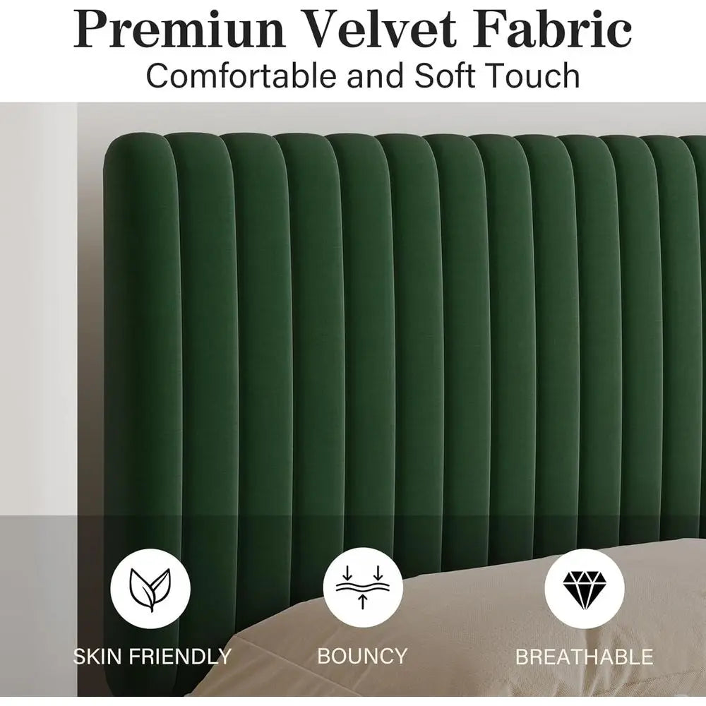 Velvet King Size Platform Bed Frame – Vertical Tufted Headboard & Footboard (Green)
