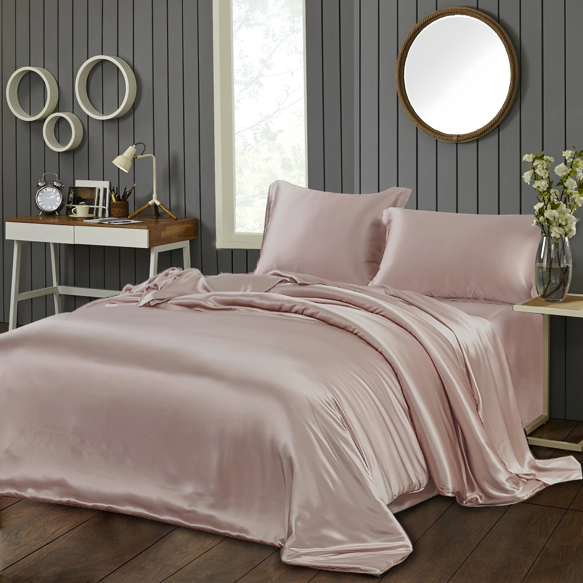 Bed Sheet Set,  22 Mm,  100% Mulberry Silk , Seamless,  Dark Blue  Silvery Colors, Fitted Sheet, Duvet Cover,All Size, Customize