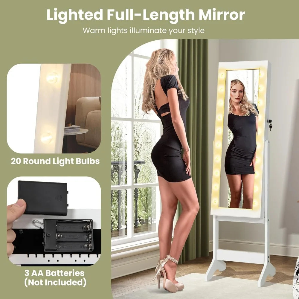 Standing Jewelry Armoire with Lighted Full Length Mirror, Lockable Jewelry Cabinet Organizer with 20 LED Lights