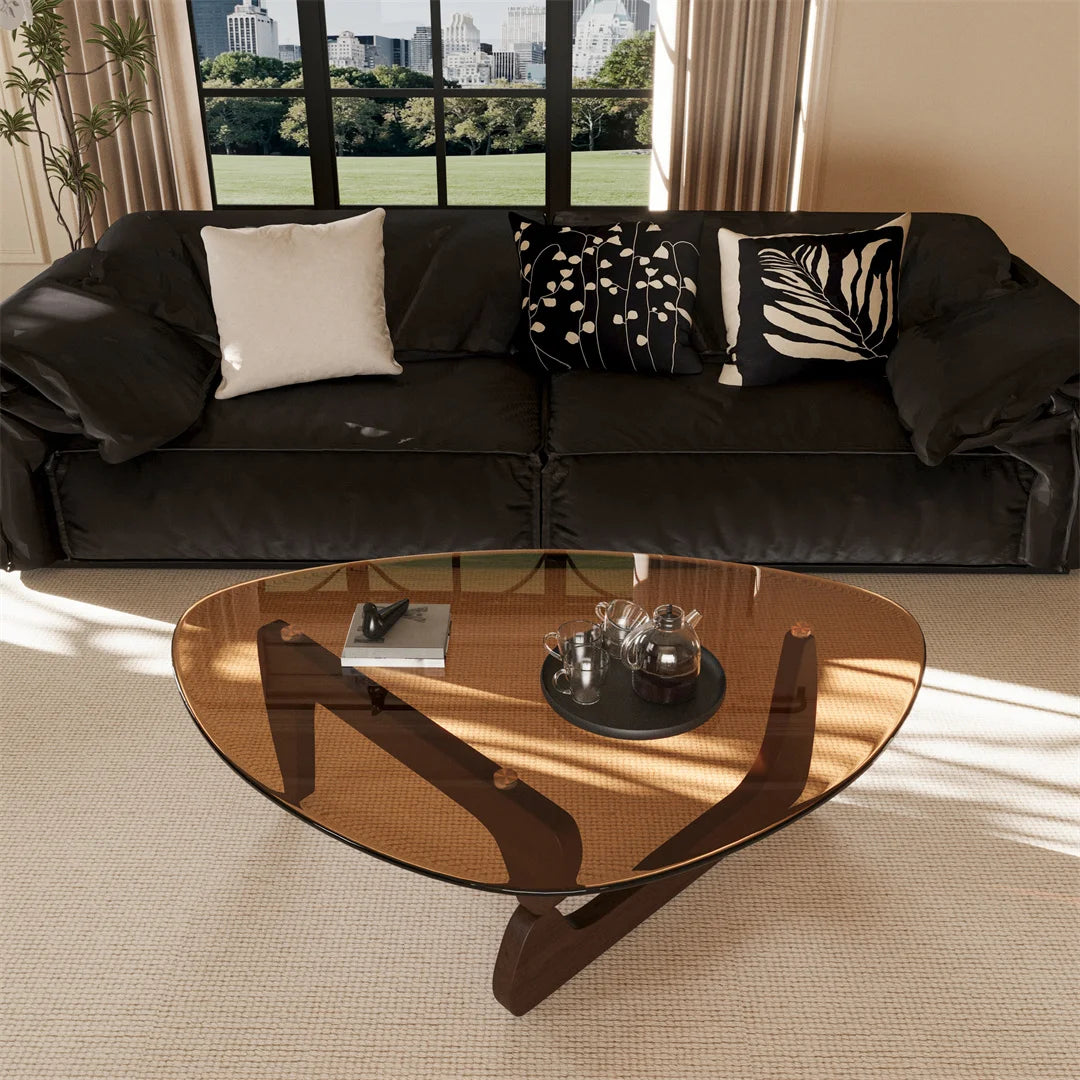 Modern Irregular Accent Coffee Table – Amber-Tinted Tempered Glass Center Table