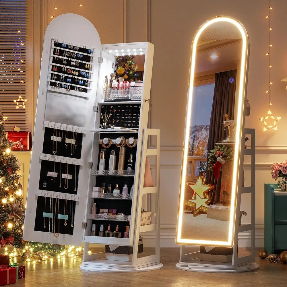 LED Mirror Jewelry Cabinet Standing, Lockable Jewelry Armoire with Arched Full-Length Mirror and Adjustable LED Lights