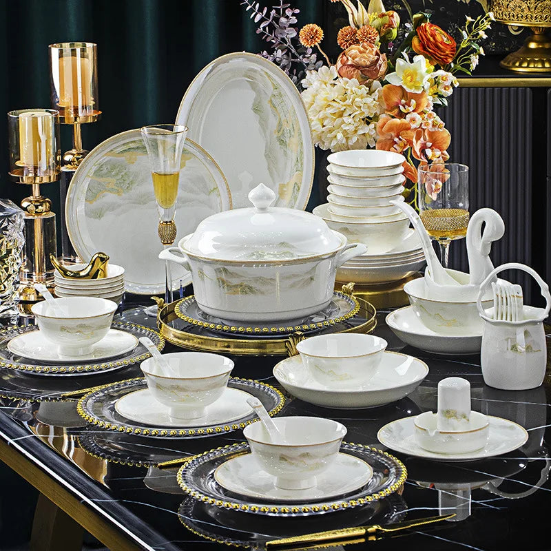 18-Piece Fine Bone China Jingdezhen Dinnerware Set – Gold Line Porcelain Tableware Collection