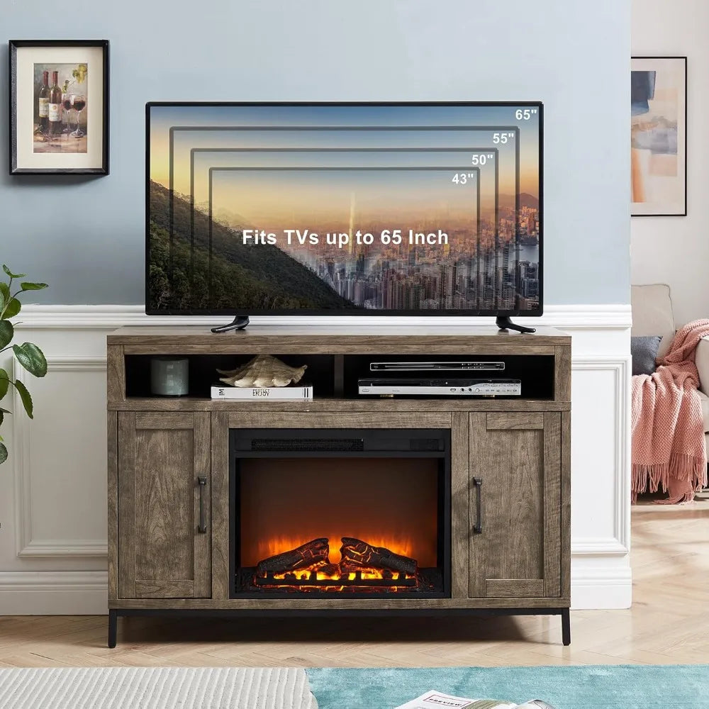 Fireplace TV Stand for TVs Up to 65 Inches, Farmhouse Entertainment Center with 23" Fireplace & LED Lights, Rustic Media Console