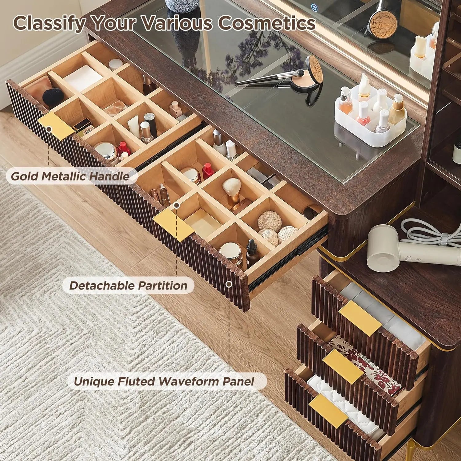 Fluted Makeup Vanity Desk 48' with HD Lighted Mirror, 5 Drawers & Shelves, Glass Top, Dark Walnut