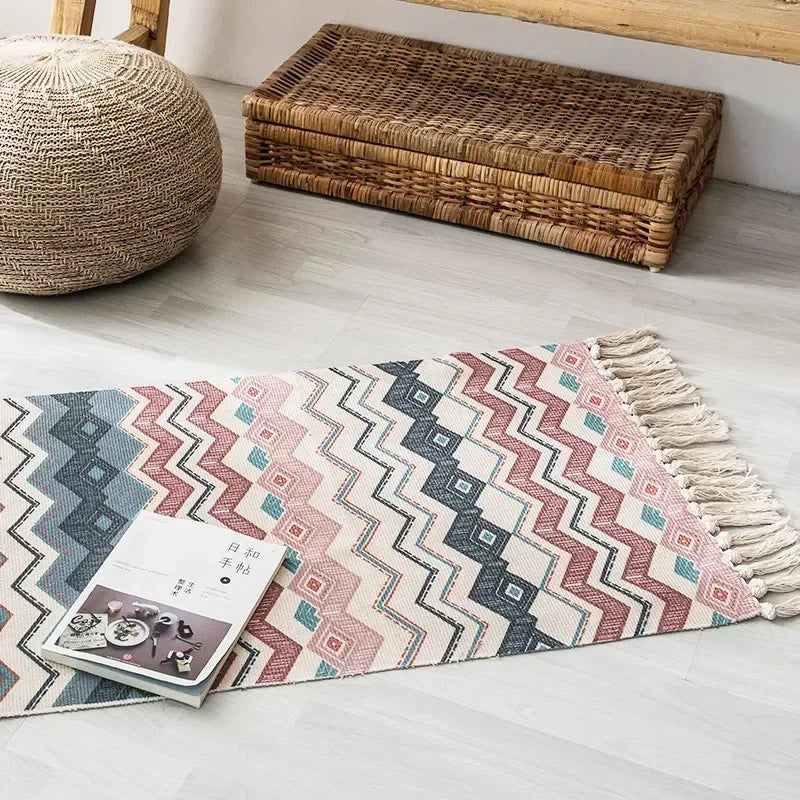 60*90CM Living Rooms Bedrooms Home Decor Retro Bohemian Hand Woven Cotton Linen Carpets Tassel Bedside Rug Geometric Floor Mat