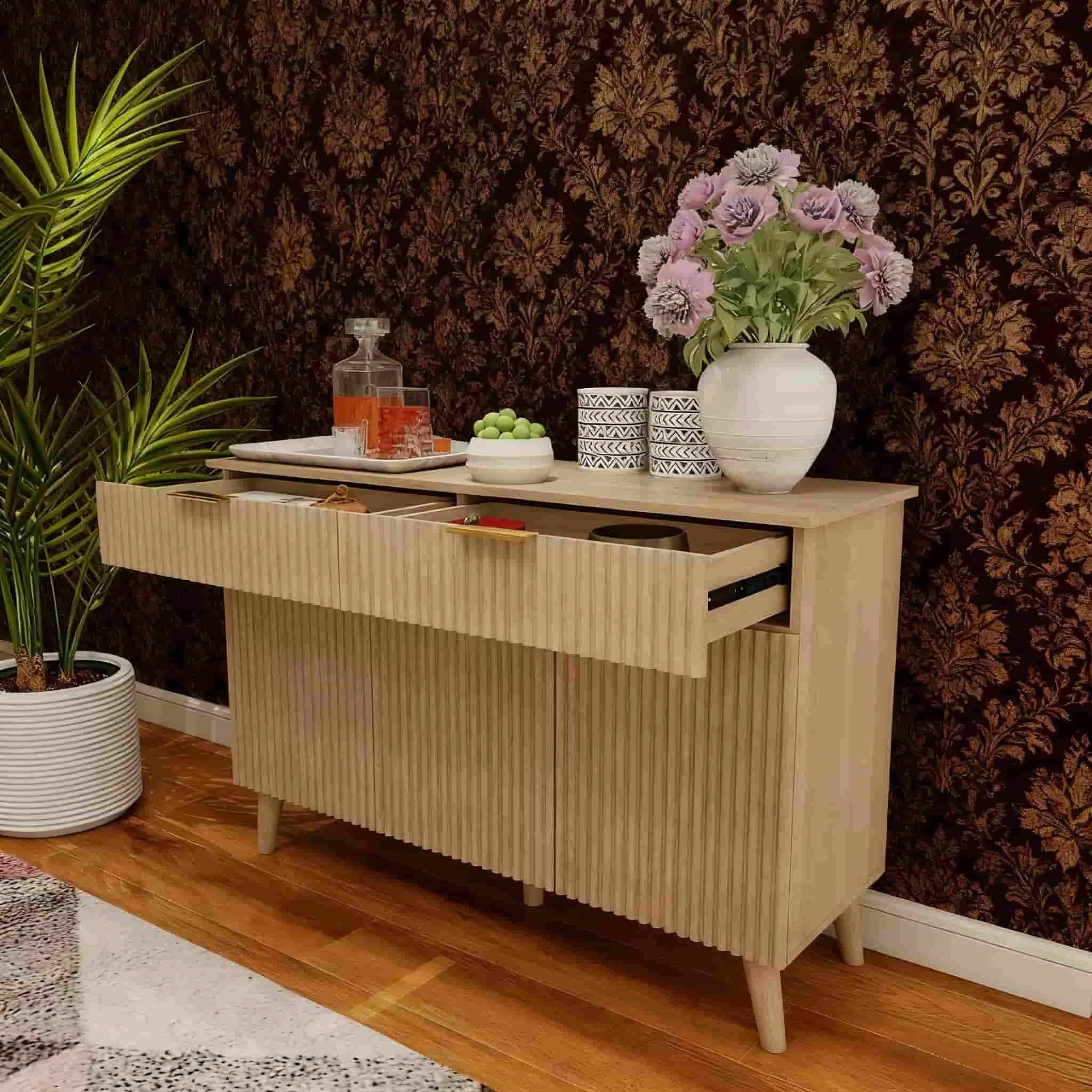 Large Coffee Bar Fluted Sideboard Buffet Cabinet Storage 2 Drawers Large Sideboard Cabinet Storages Geometric Pattern Furniture