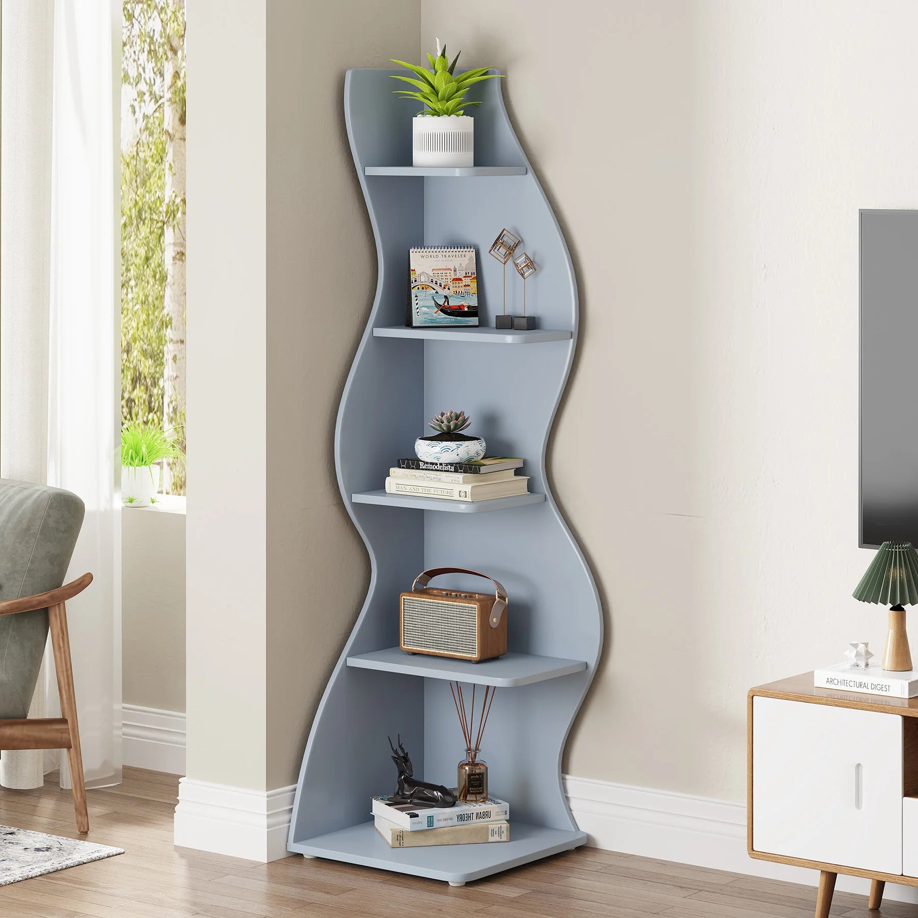Tribesigns Modern 5-Tier Corner Bookshelf – Wall Corner Storage Rack & Plant Stand