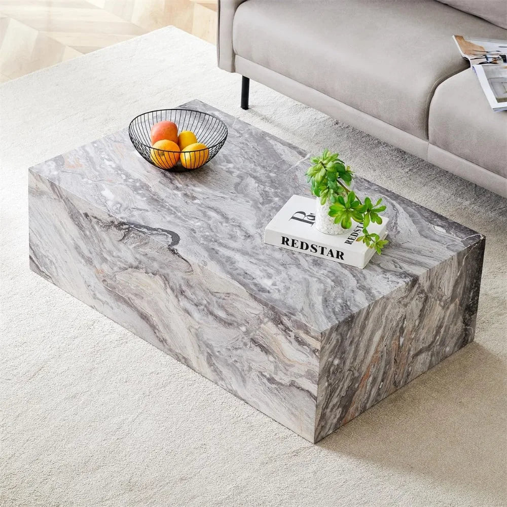 Modern Grey Faux Marble Living Room Coffee Table with Wooden Highlights