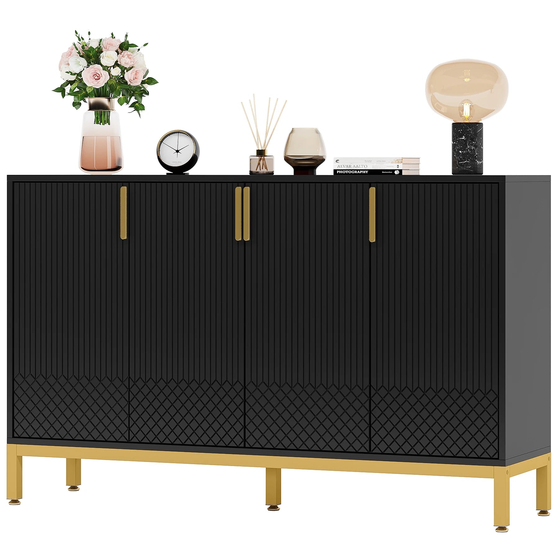 Tribesigns Modern Storage Cabinet, 59 Inch Console Cabinet Sideboard Buffet Cabinet with 4 Doors & Gold Metal Base