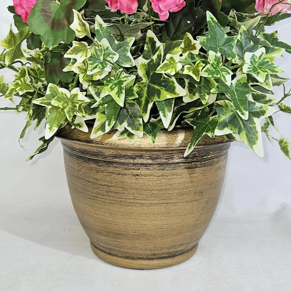 Pink Flowering Artificial Geranium Plant in Bronze Pot for Outdoor Porch and Patio Decor, Large Arrangement with Heavy Pot