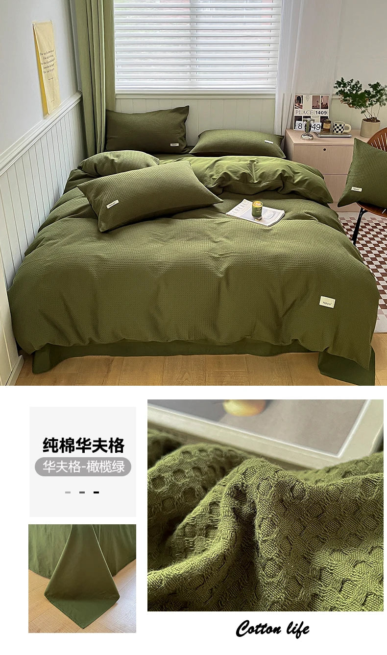 Simple Waffle Jacquard 100% Cotton Bedding Set Soft Comfortable Queen Duvet Cover Set with Sheets Quilt Cover and Pillowcases