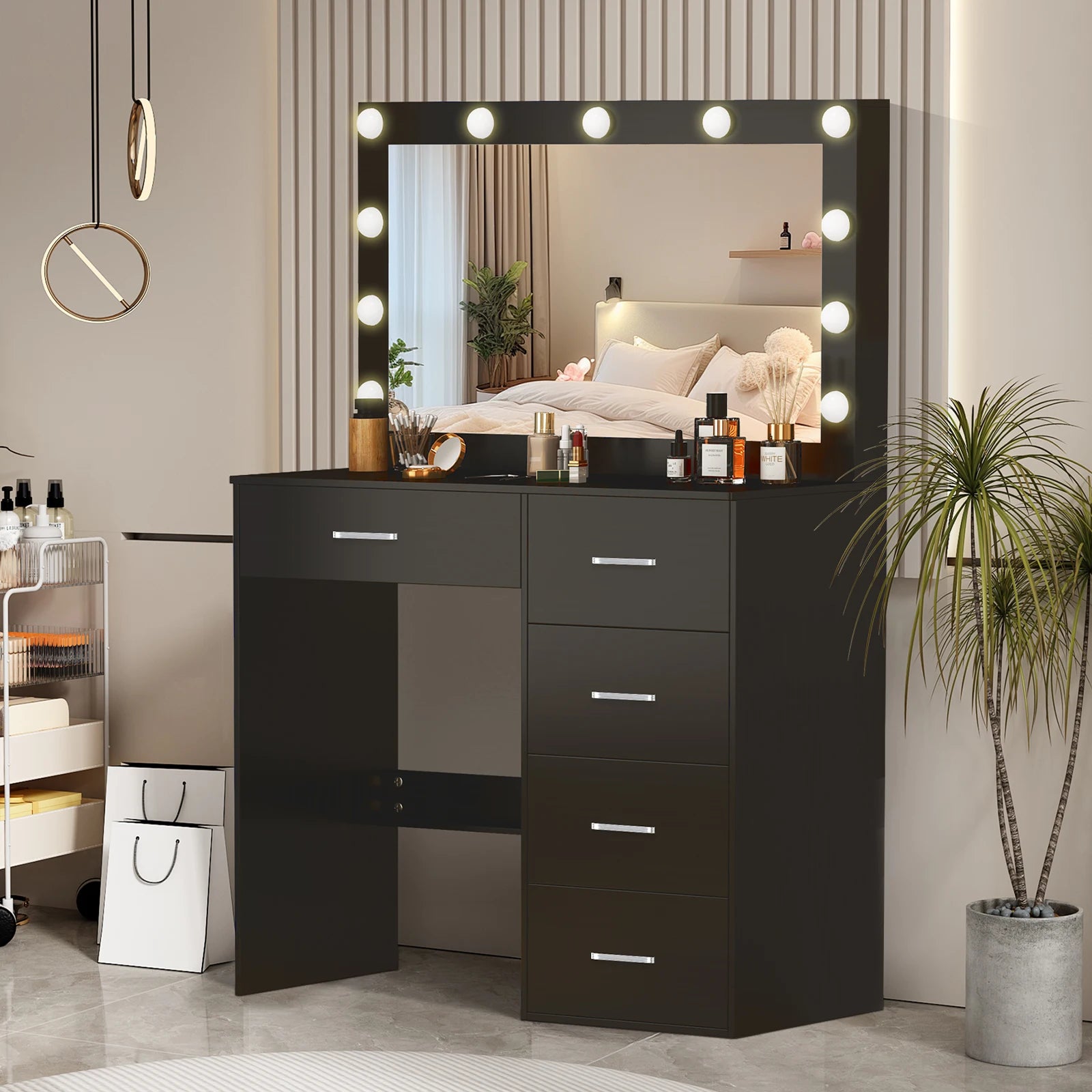 Black Vanity Dressing Table with Large Mirror 11 LED Lights Storage Drawers Bedroom Beauty Station for Women Girls Makeup Desk