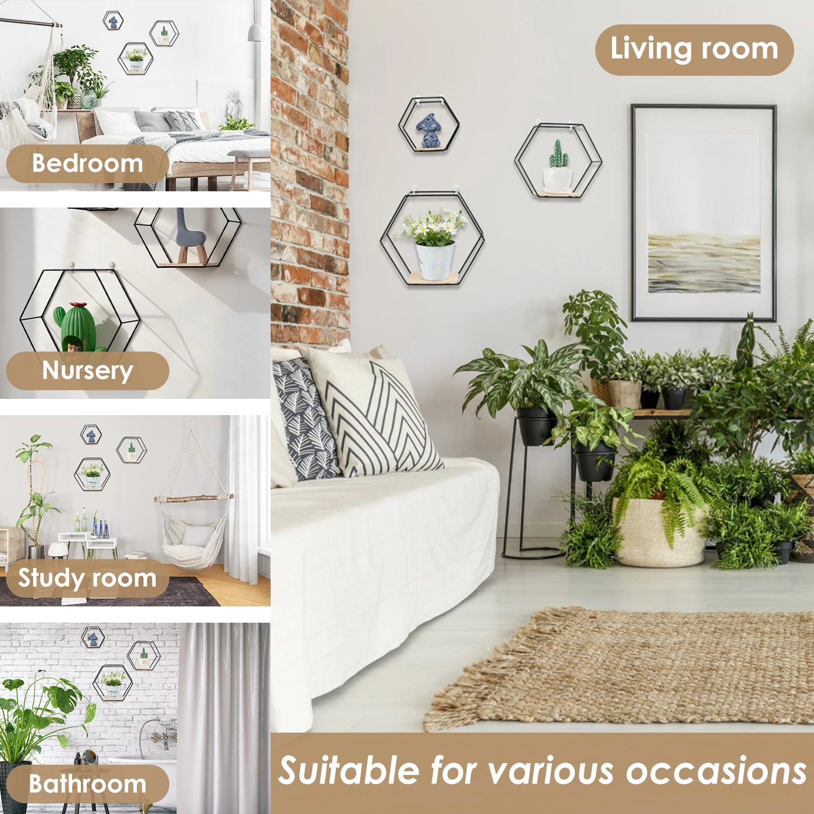 3Pcs Wall Mounted Hexagon Shelf Metal Anti Rust Storage Shelves Sundries Storage Holder Wall Decor for Bedroom Living Room