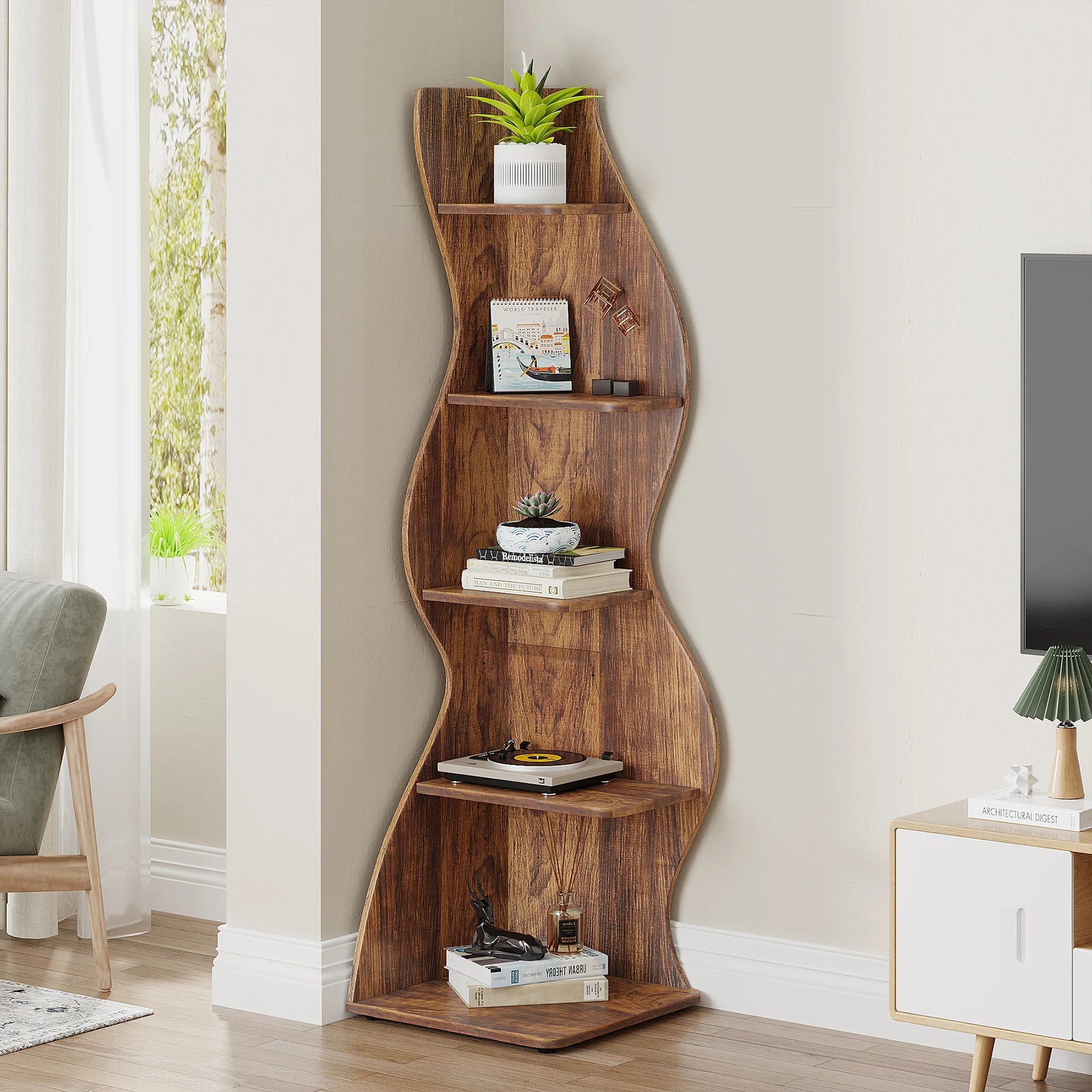 Tribesigns Modern 5-Tier Corner Bookshelf – Wall Corner Storage Rack & Plant Stand