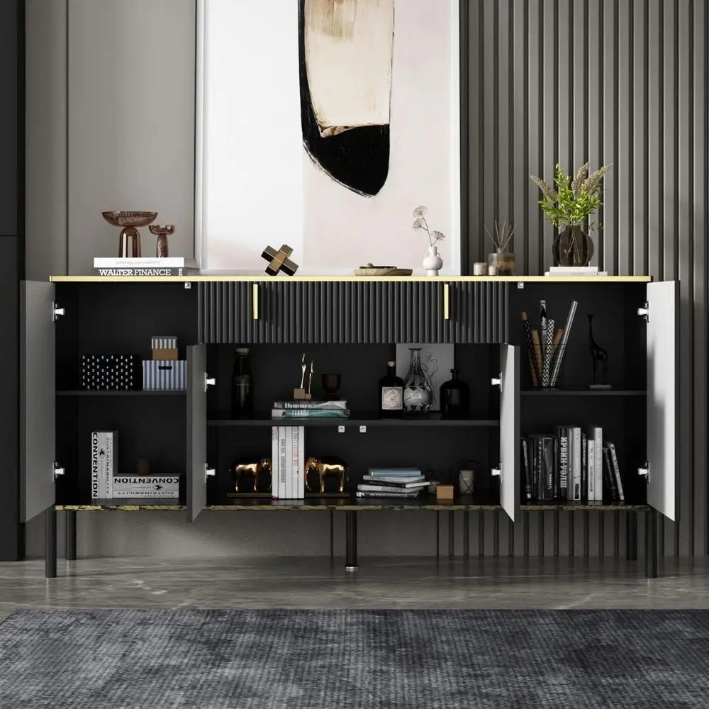 Black & Gold Buffet Cabinet with Drawers and Pop-Up Doors, Modern Sideboard Storage for Living Spaces (63W x 15.7D x 31.5H)