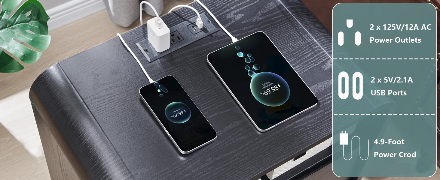 25" Tall Modern Nightstand with Charging Station, 23.6'' Wide Wood Bedside Table w/2 Storage Drawers,for Bedroom, Living Room