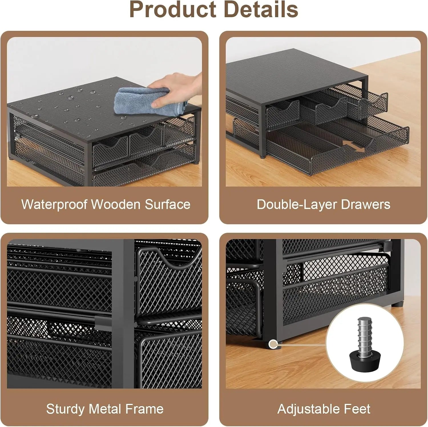 3-Pull-Out Coffee Pod Holder – 72 K-Cup Wooden Sliding Organizer (Black)