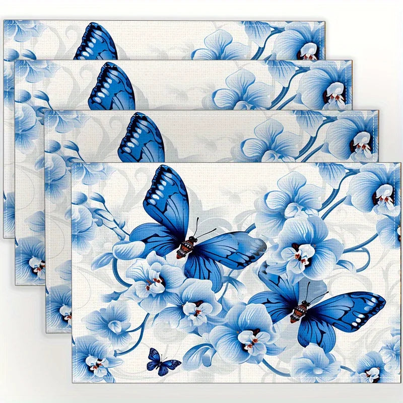4pcs Creative and Butterfly Love Flower Printed Linen Placemats Make Your Restaurant Kitchen More Beautiful