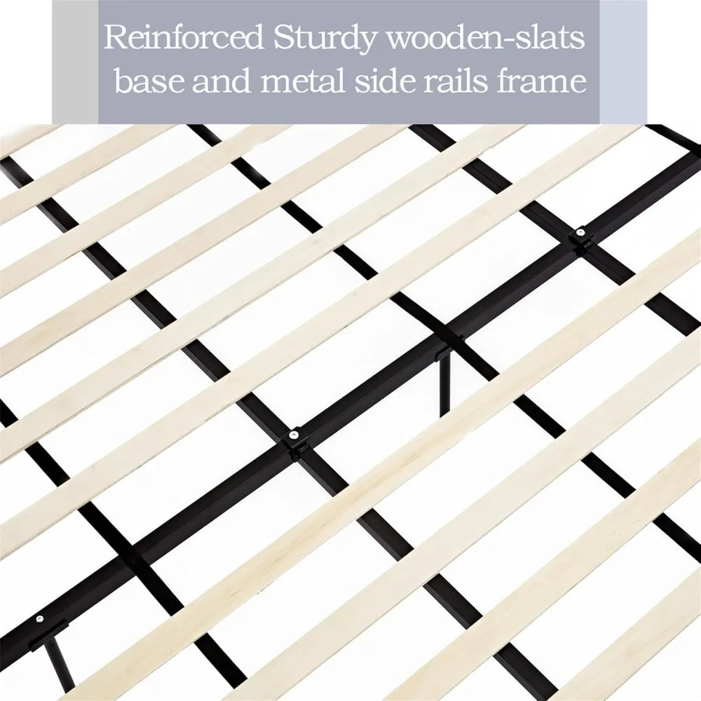 King Bouclé Wingback Bed – 54″ Tall Upholstered Headboard, Ivory Platform Frame