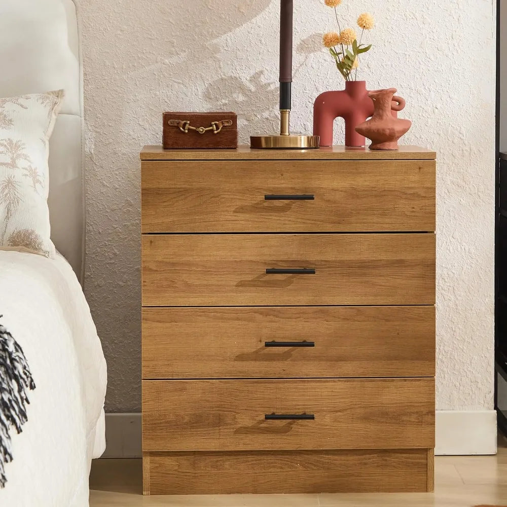 Oak Wooden Nightstand with 4 Drawers Tall Nightstands End Table Modern Bedside Table Storage Cabinet Organizer Unit for Bedroom