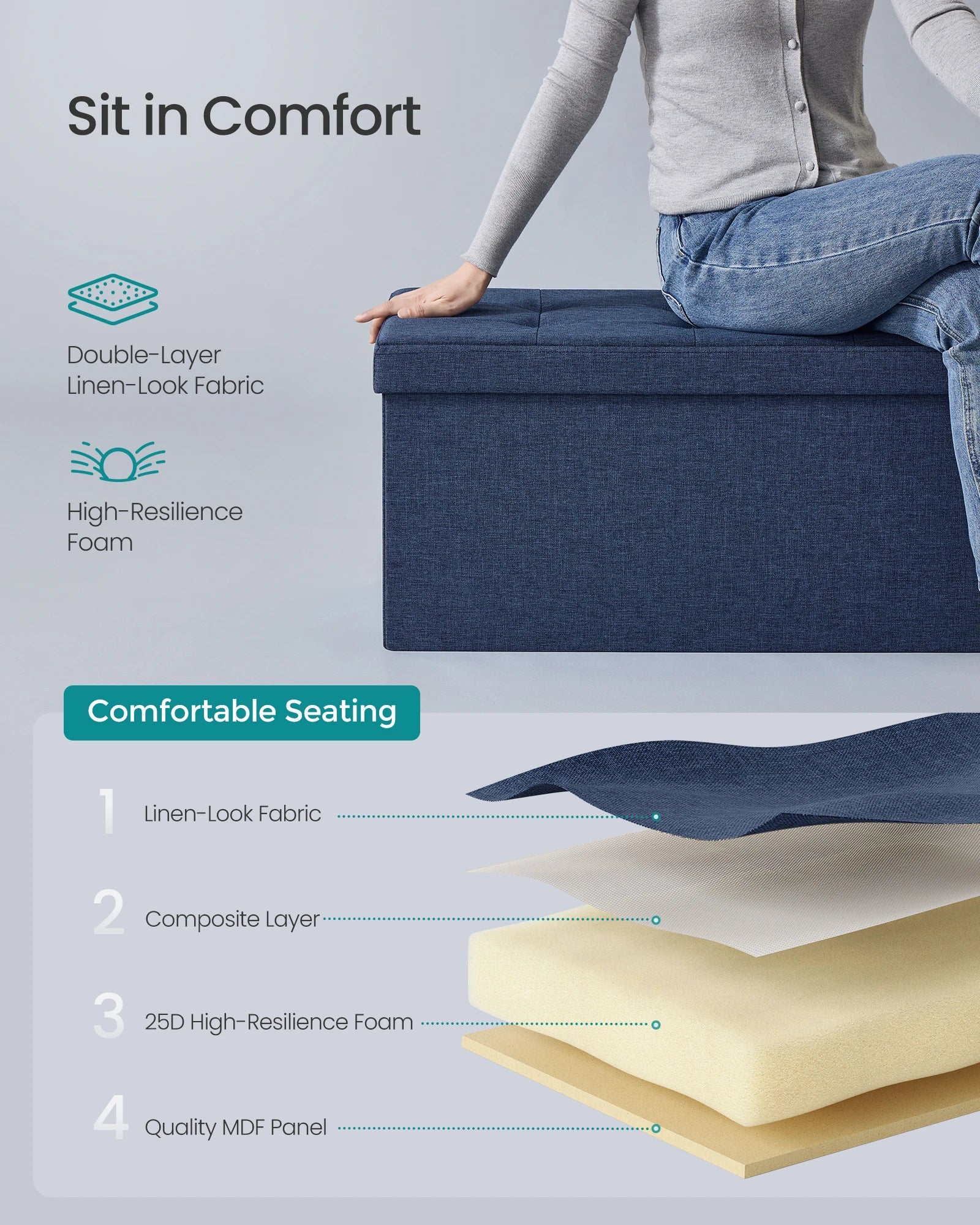 SONGMICS Folding Storage Ottoman Bench – 30″ Storage Chest Footrest