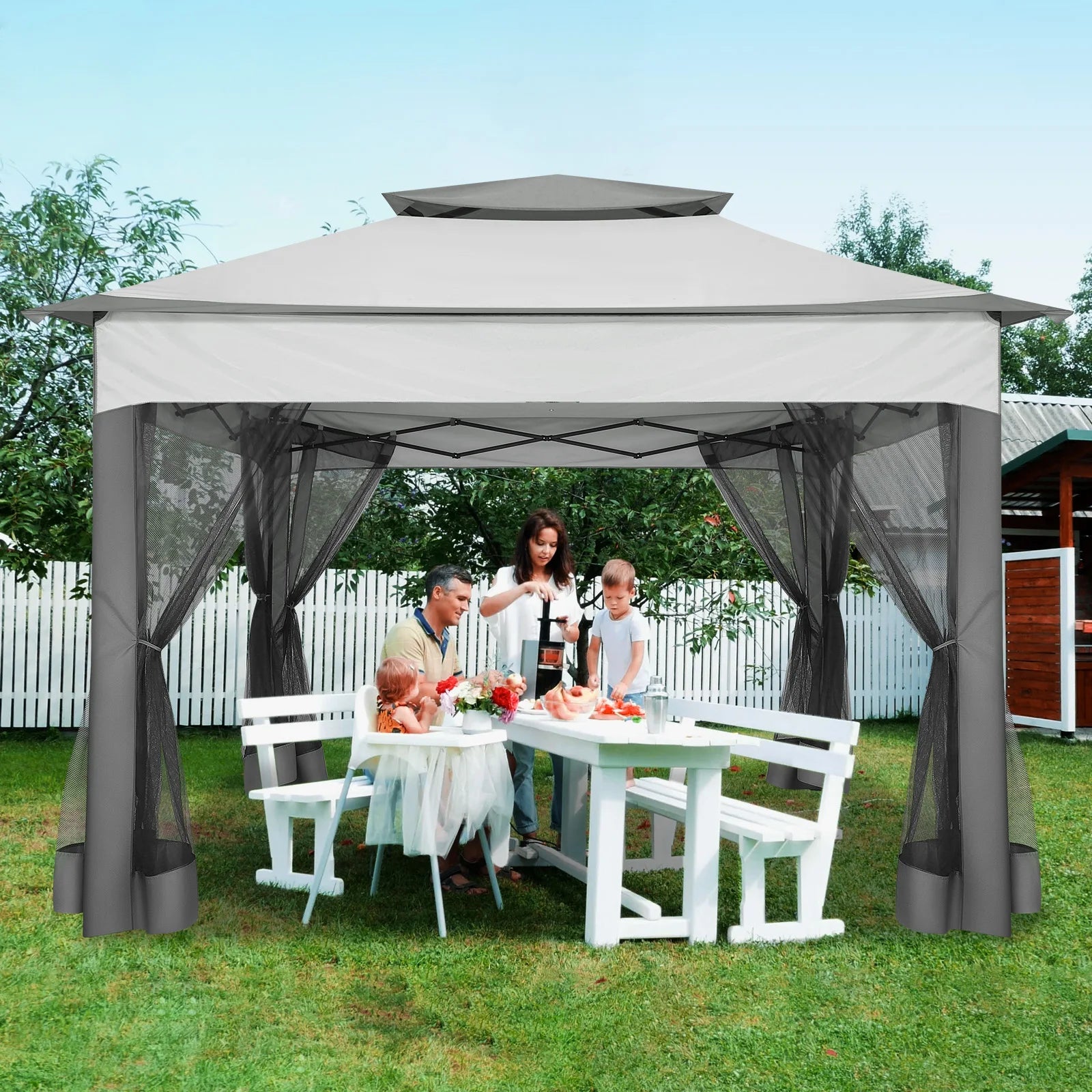 11x11 Pop Up Gazebo One-Push Canopy Tent with Mosquito Nettings, 10x10 Outdoor Canopy Shelter with Double Roof Ventiation