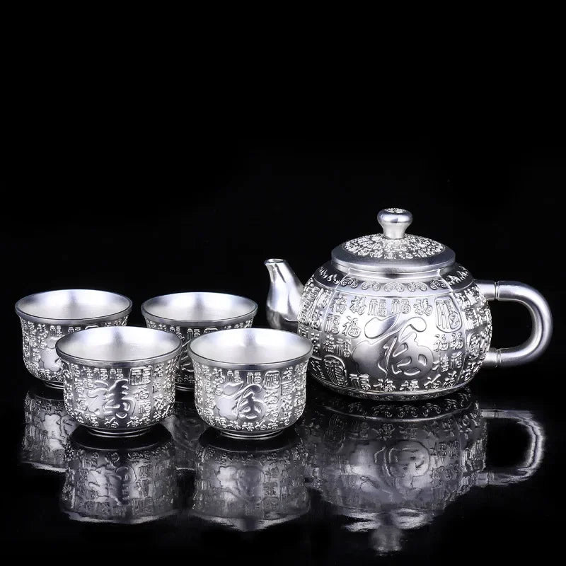 High-Grade Hand-Gilt Silver Tea & Wine Set – Silver-Plated Teapot with Chinese Wine Glasses