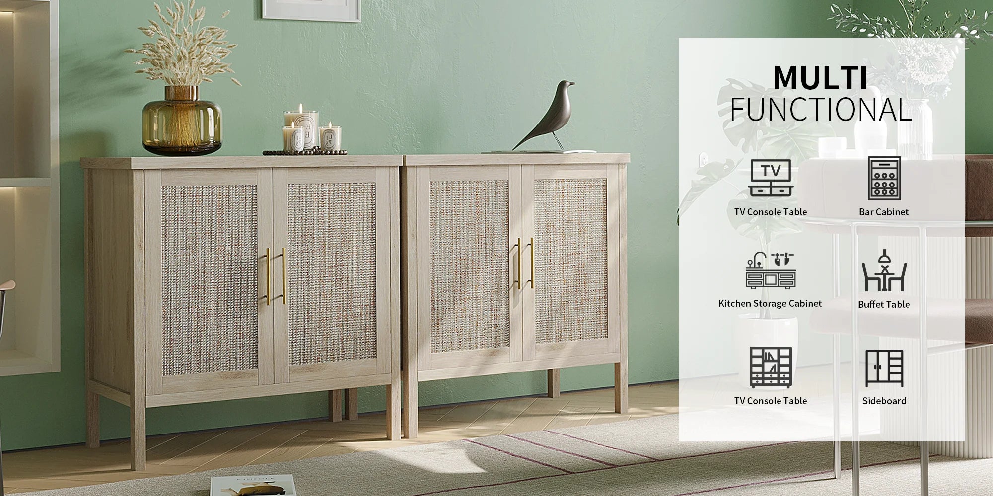 Rattan Storage Cabinet, Buffet Cabinet Sideboard with Rattan Decorated Doors, Cupboard for Hallway, Entry, Living Room