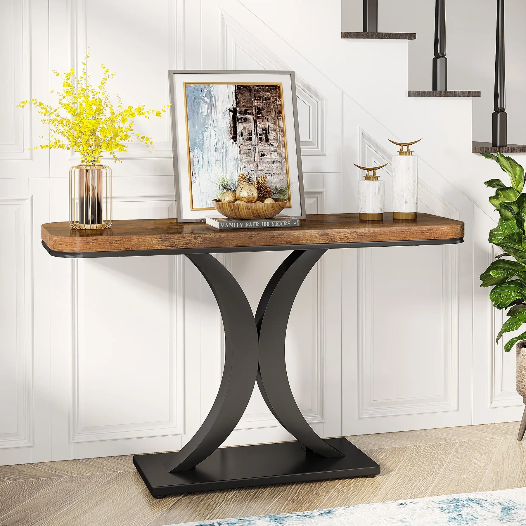 Industrial Console Table, 40 inch Narrow Entryway Foyer Table with Geometric Base, Rustic Hallway Accent Table