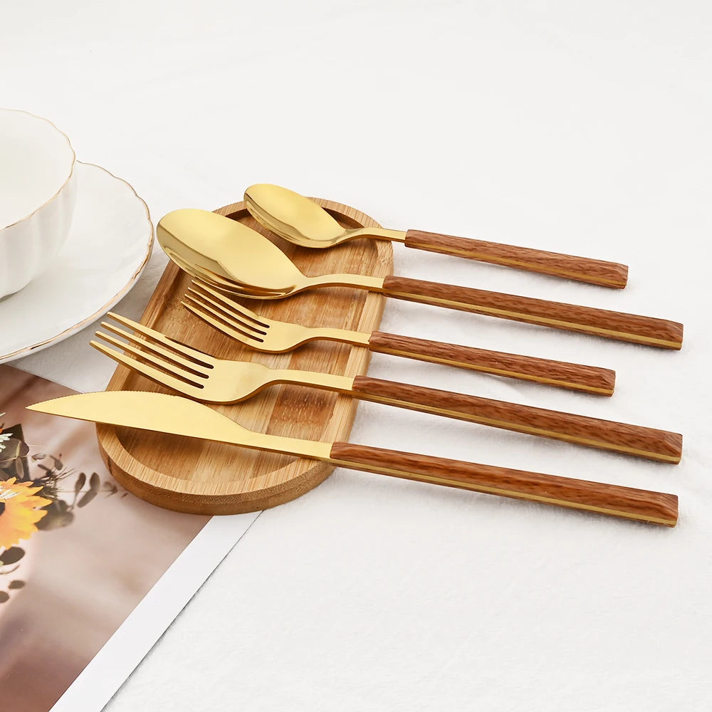 20Pcs Creative Rose Tableware Imitation Wood Handle Cutlery Set Knife Dessert Fork Spoon Dinnerware Set Stainless Steel Flatware
