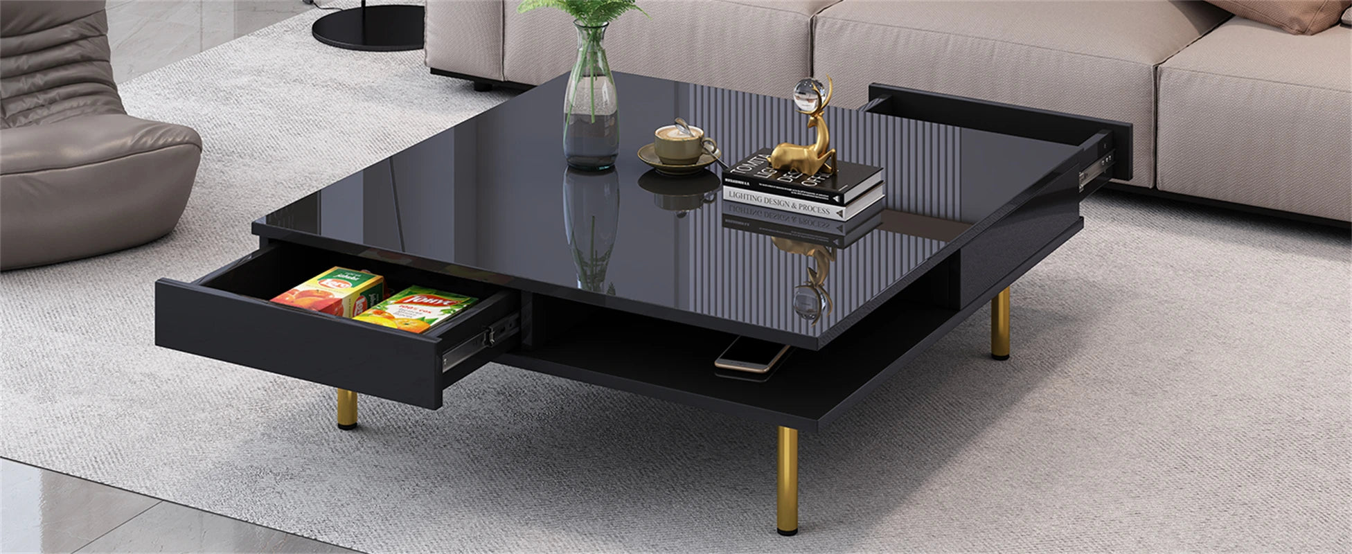 Exquisite High-Gloss Coffee Table – Square 2-Tier Center Table with Gold Legs & Dual Drawers (Black)