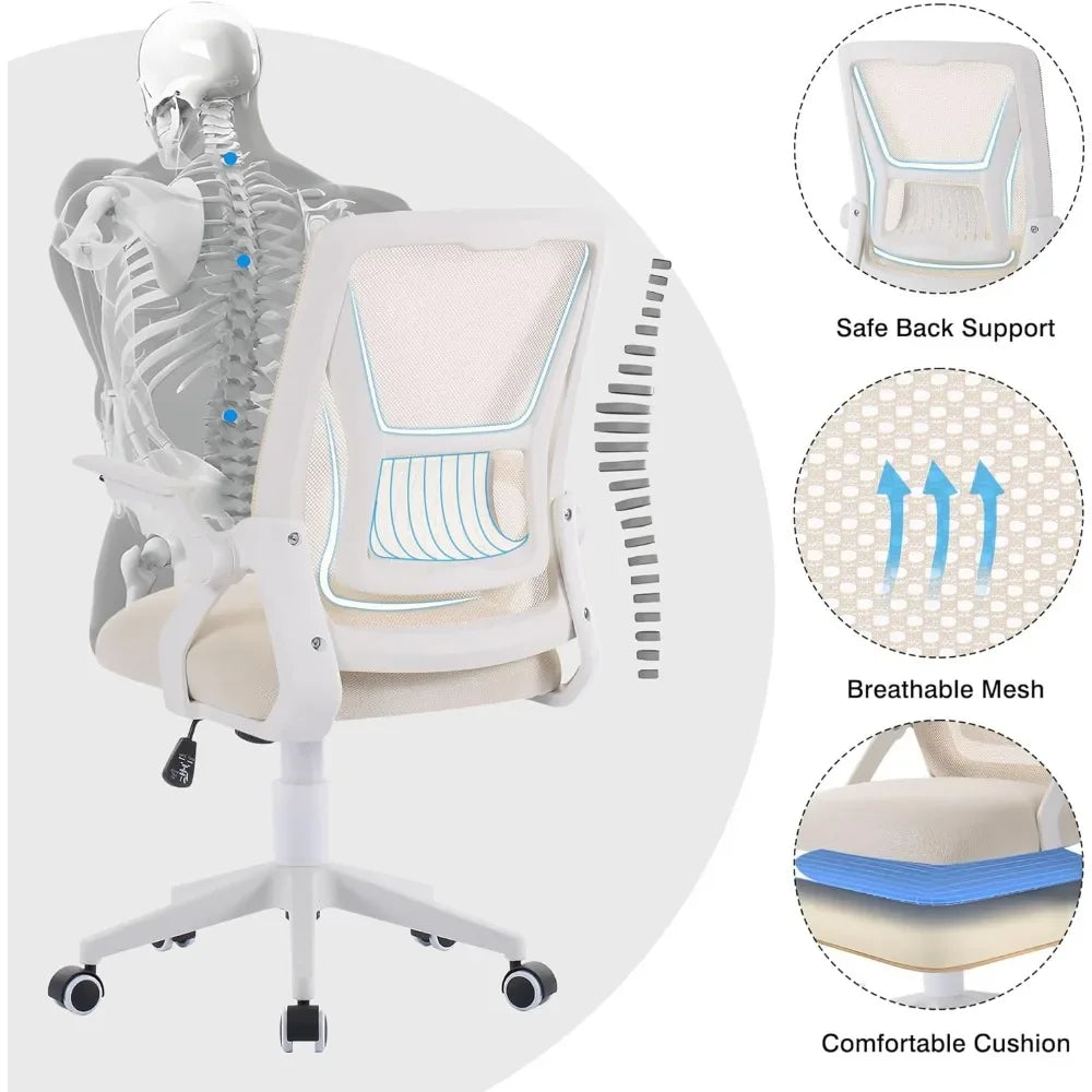 Beige Desk Chair Mid-back Swivel Ergonomic Office Chair With Adjustable Arms Mesh Lumbar Support for Computer Task Work Gaming