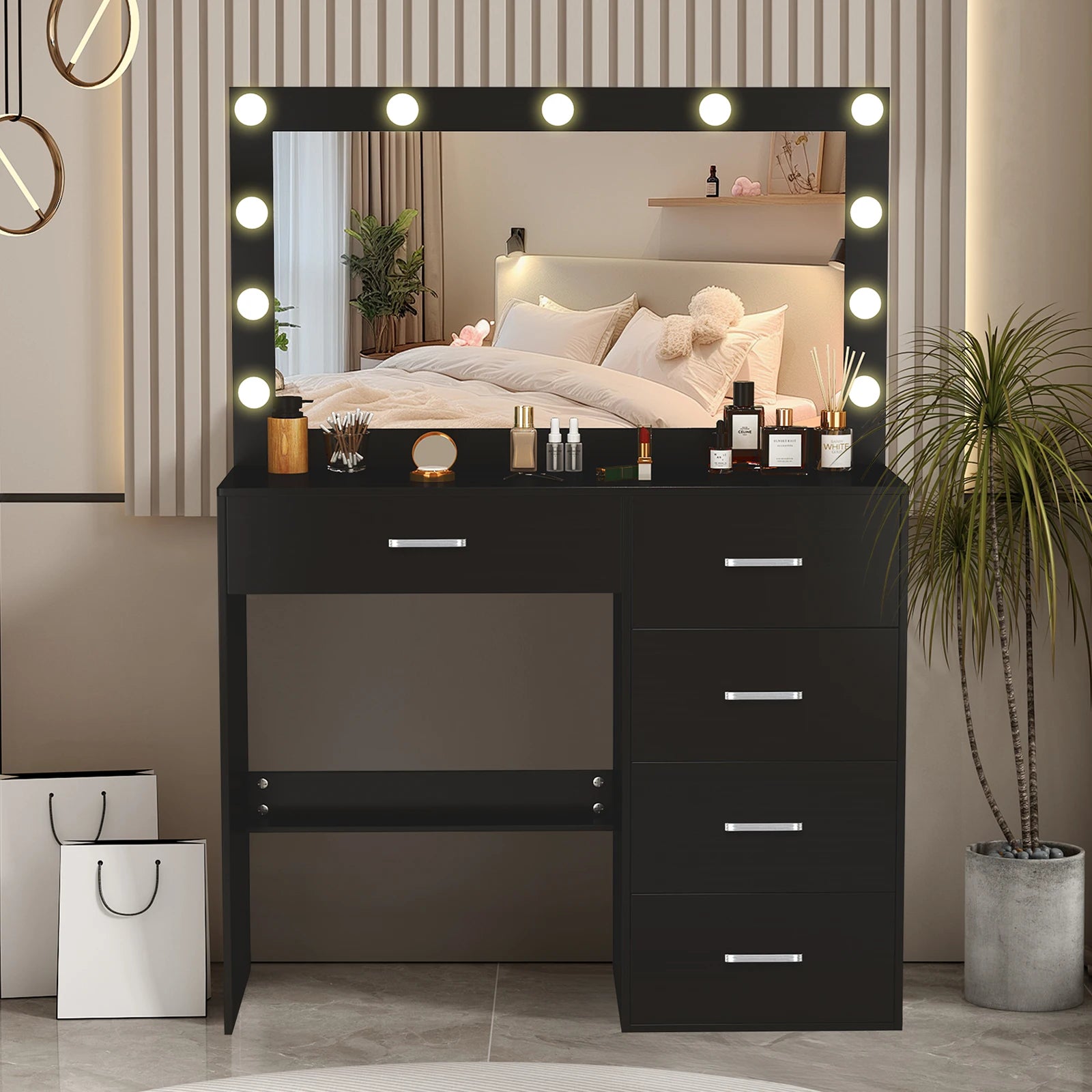 Black Vanity Dressing Table with Large Mirror 11 LED Lights Storage Drawers Bedroom Beauty Station for Women Girls Makeup Desk