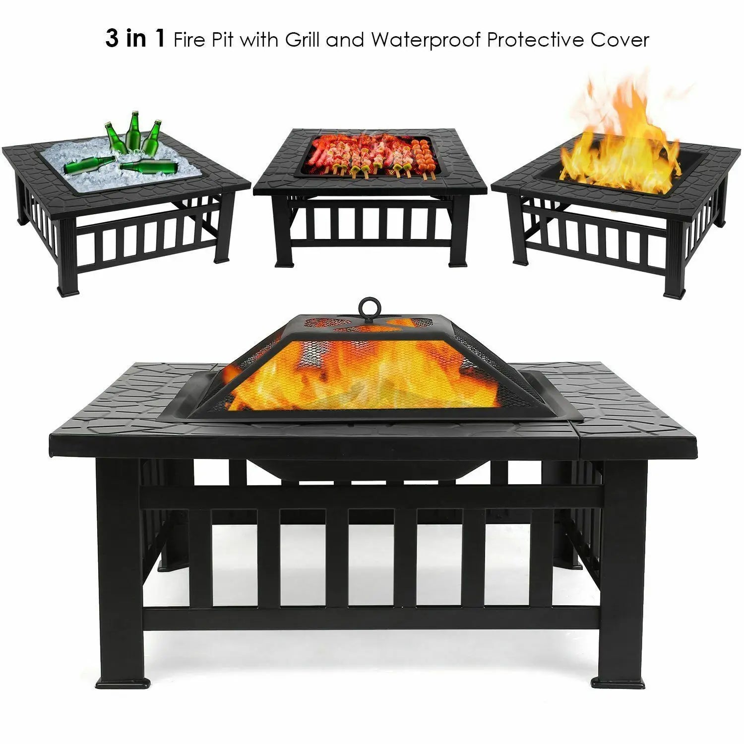 32'' Outdoor Fire Pit,Fireplaces,Wood Burning BBQ Table,Patio Garden Camping Stove with Stainless Steel Grill