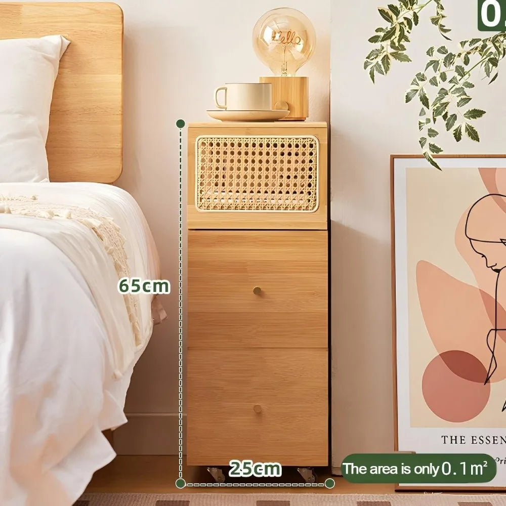 Slimline Bedside Table with Rattan Drawer and Open Storage for Coffee and Nighttime Use