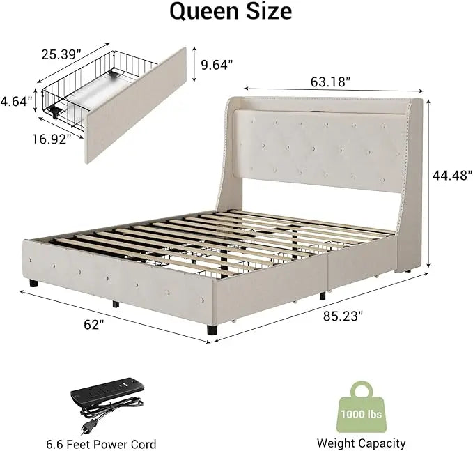 Queen Size Bed Frame with USB Ports & Charging Outlets – Storage Platform Bed with Metal Frame