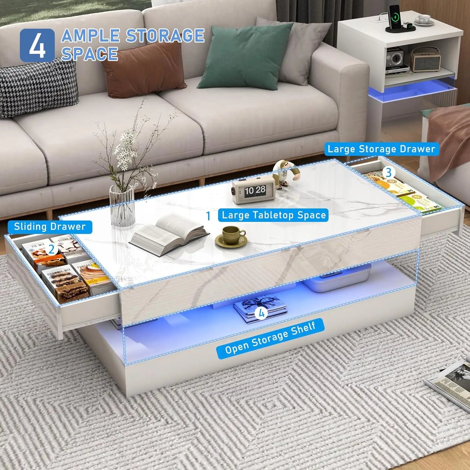 Modern LED Coffee Table with Double-Layer Design & Dual Storage Drawers