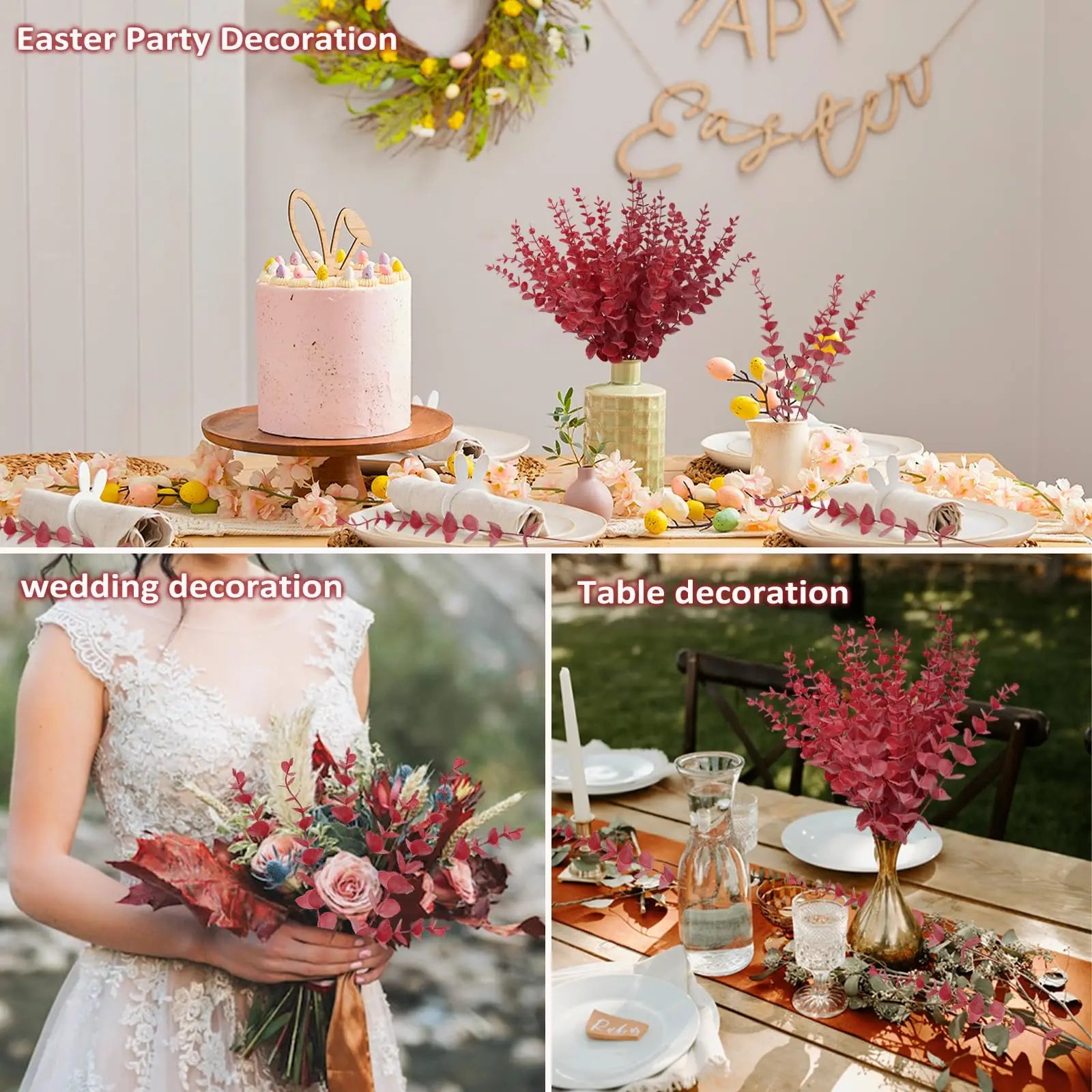 6/18/20pcs Red Eucalyptus Artificial Plants Branches Fake Plant Stems for Wedding Party Home Christmas DIY Floral Decoration