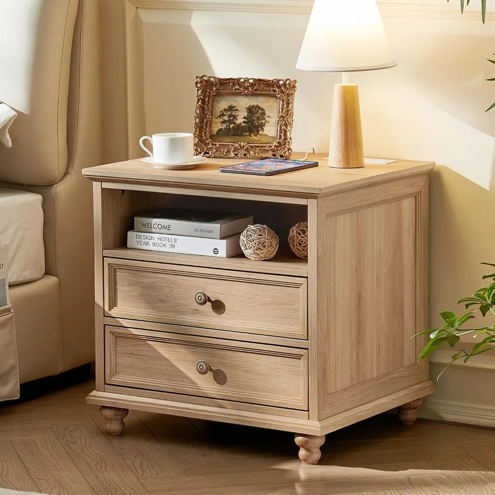 24" Wide Farmhouse Nightstand Set of 2 with Charging Station,End Table with 2 Drawers,Natural Wood Dresser for Bedroom Cabinet