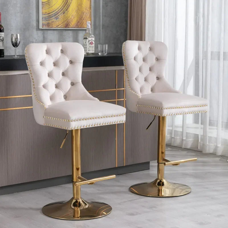 Beige Swivel Velvet Bar Stools – Adjustable Height with Tufted Back (Set of 2)