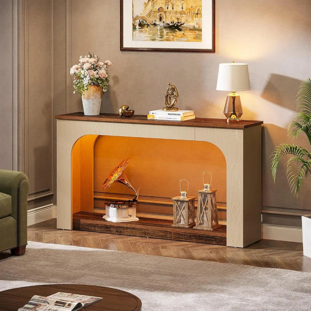 55-Inch Console Table with LED Lights, Farmhouse 2-Tier Narrow Sofa Table with Storage, Wood Foyer Entryway Behind Co