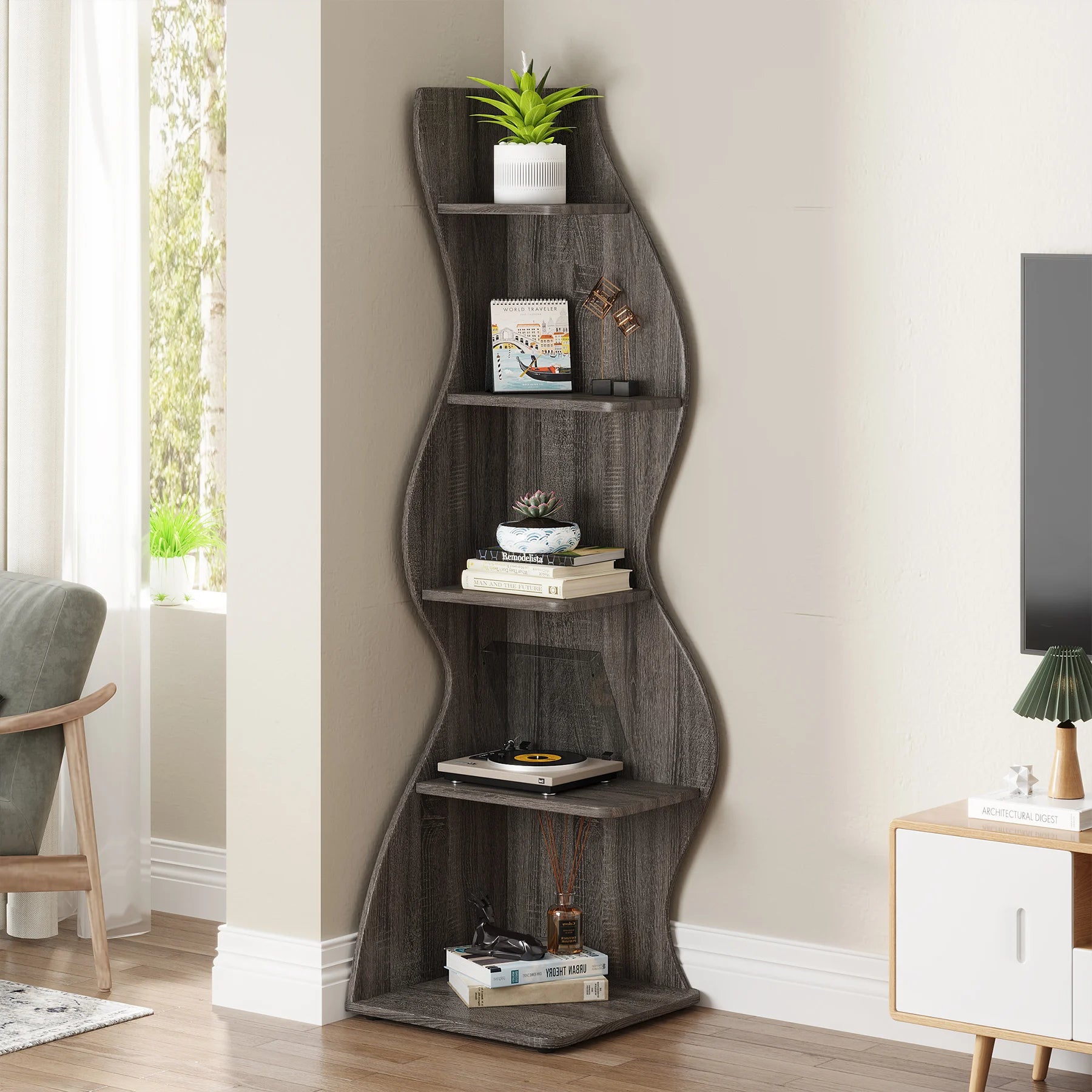 Tribesigns Modern 5-Tier Corner Bookshelf – Wall Corner Storage Rack & Plant Stand