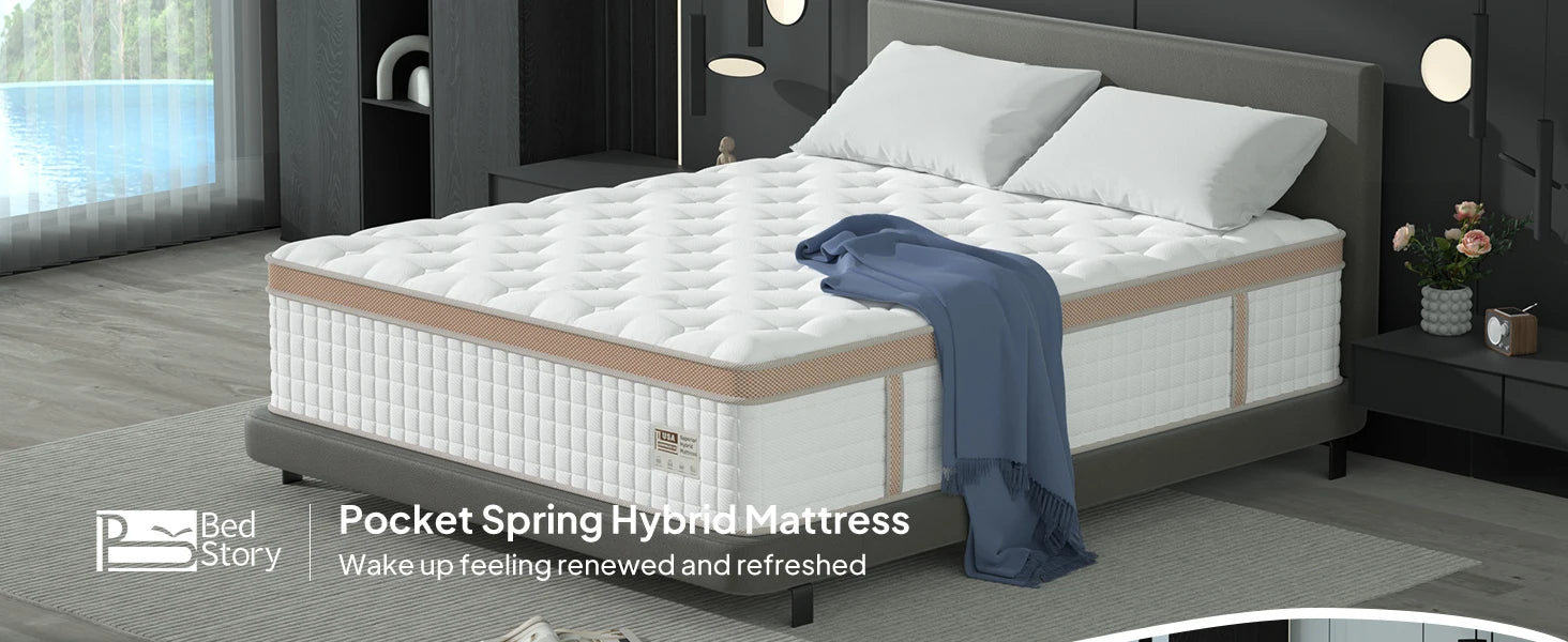 BedStory 14'' Full/King/Queen Size Mattress, Luxury Hybrid Mattress, Gel Memory Foam & Pocket Springs, Manufactured in USA