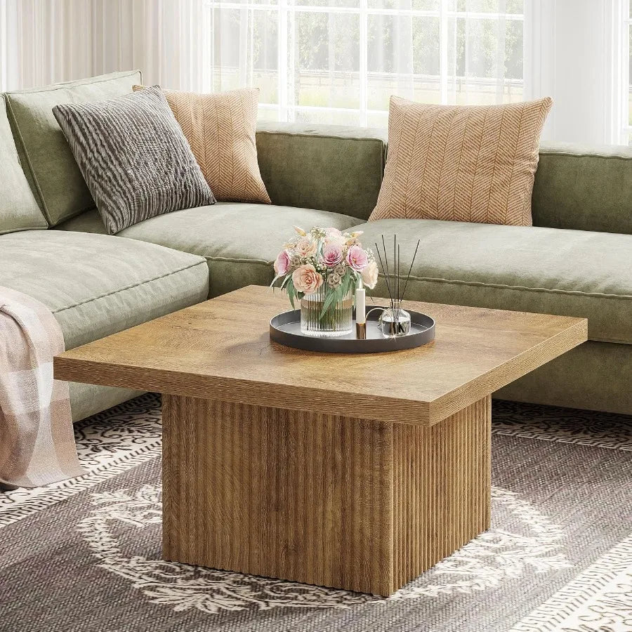 31.5-Inch Fluted Square Coffee Table – Mid-Century Modern Center Table for Living Room & Cocktail Use