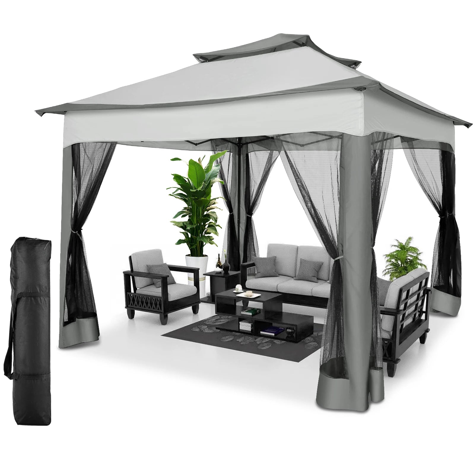 11x11 Pop Up Gazebo One-Push Canopy Tent with Mosquito Nettings, 10x10 Outdoor Canopy Shelter with Double Roof Ventiation