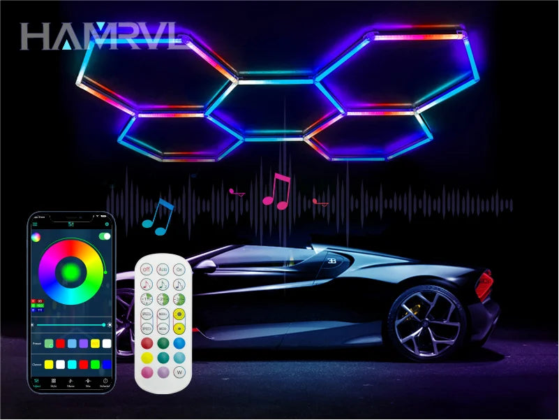 RGB Hexagon LED Garage Light - Hexagon panel light with multi changing music synchronization suitable for gym gaming room party